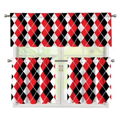 Red Black And White Argyle Print 3 Piece Kitchen Curtains