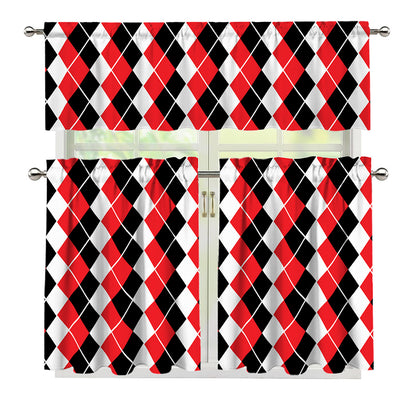 Red Black And White Argyle Print 3 Piece Kitchen Curtains