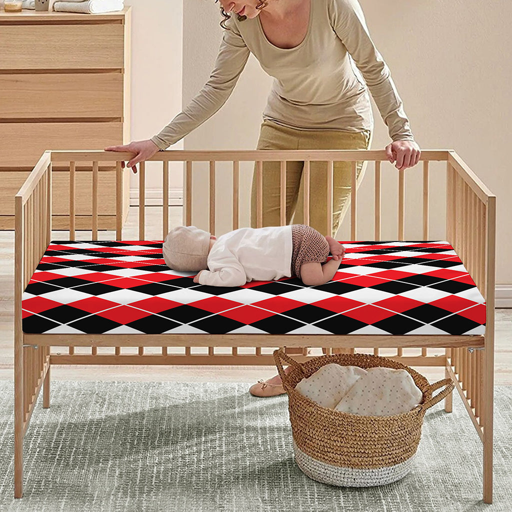 Red Black And White Argyle Print Baby Crib Sheet