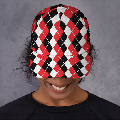 Red Black And White Argyle Print Baseball Cap