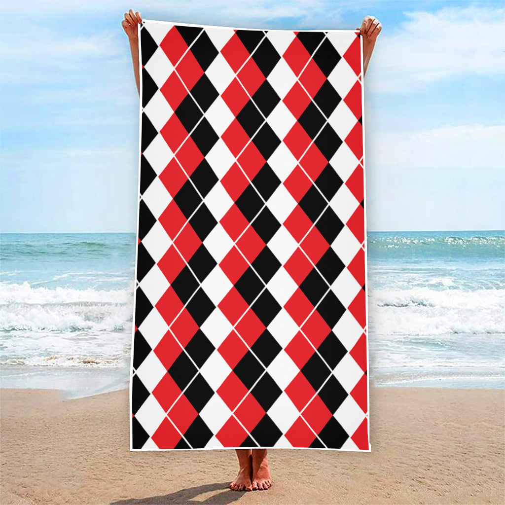 Red Black And White Argyle Print Beach Towel