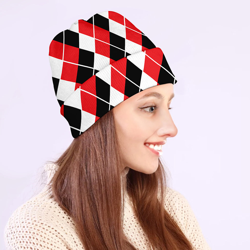Red Black And White Argyle Print Beanie