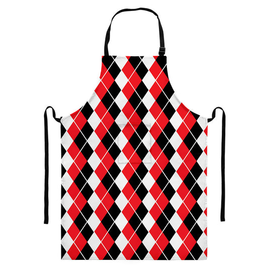 Red Black And White Argyle Print Bib Apron With Pocket