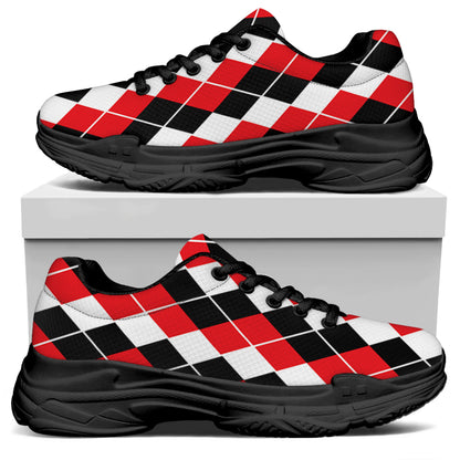 Red Black And White Argyle Print Black Chunky Shoes