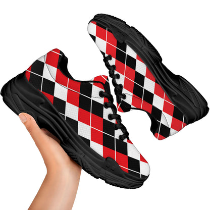Red Black And White Argyle Print Black Chunky Shoes
