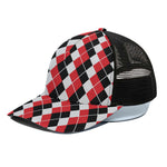 Red Black And White Argyle Print Black Mesh Trucker Cap