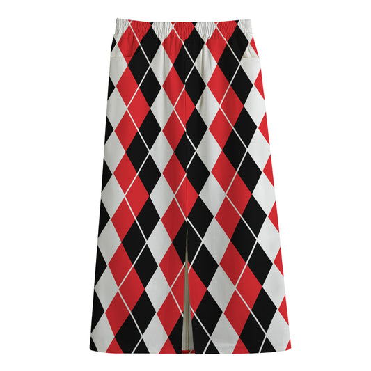 Red Black And White Argyle Print Cotton Front Slit Maxi Skirt