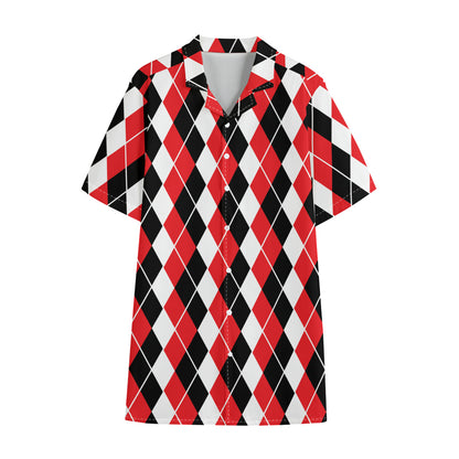Red Black And White Argyle Print Cotton Hawaiian Shirt
