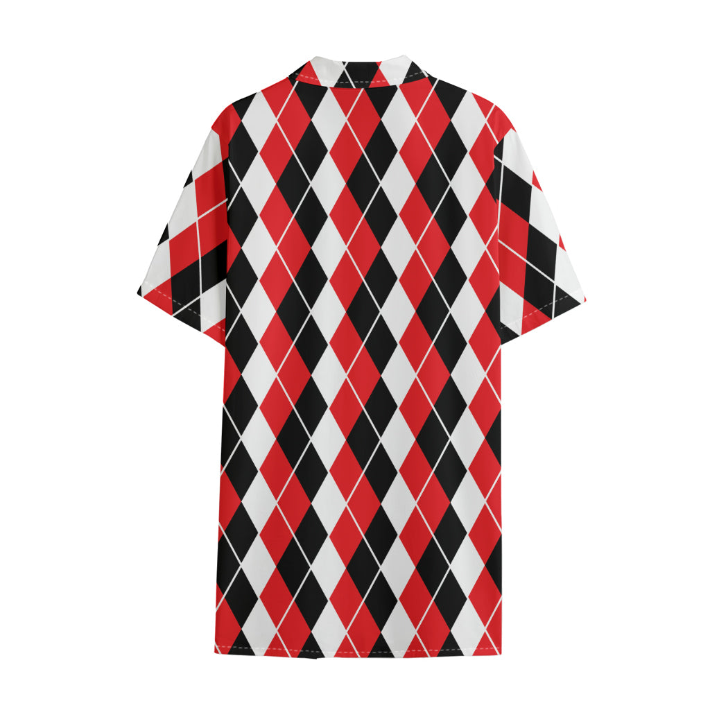 Red Black And White Argyle Print Cotton Hawaiian Shirt