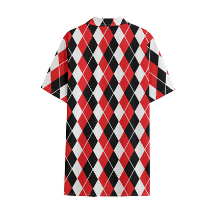 Red Black And White Argyle Print Cotton Hawaiian Shirt