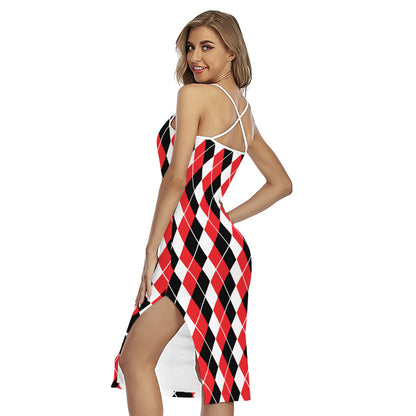 Red Black And White Argyle Print Cross Back Cami Dress