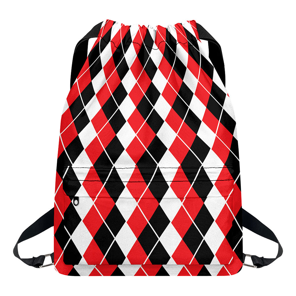 Red Black And White Argyle Print Drawstring Backpack