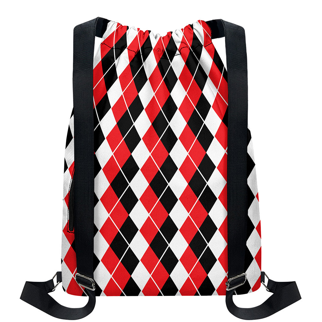Red Black And White Argyle Print Drawstring Backpack