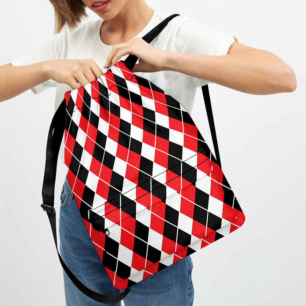 Red Black And White Argyle Print Drawstring Backpack