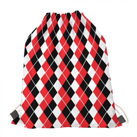 Red Black And White Argyle Print Drawstring Bag