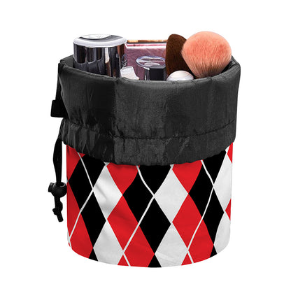 Red Black And White Argyle Print Drawstring Makeup Bag