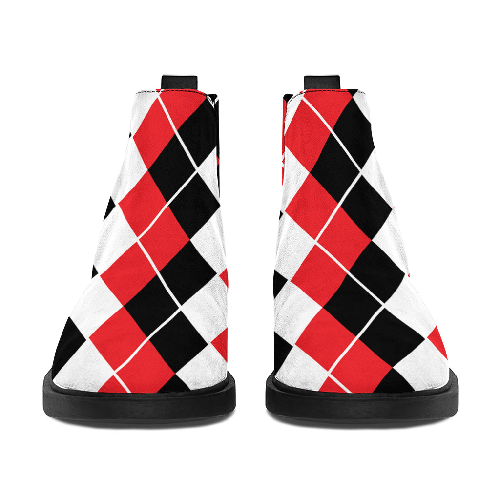 Red Black And White Argyle Print Flat Ankle Boots