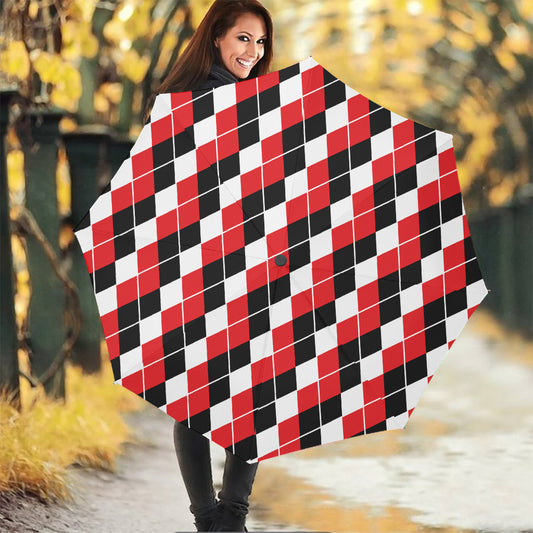 Red Black And White Argyle Print Foldable Umbrella
