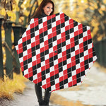 Red Black And White Argyle Print Foldable Umbrella