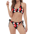 Red Black And White Argyle Print Halter Scoop Tie Side Bikini