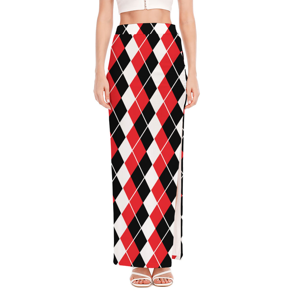 Red Black And White Argyle Print High Slit Maxi Skirt