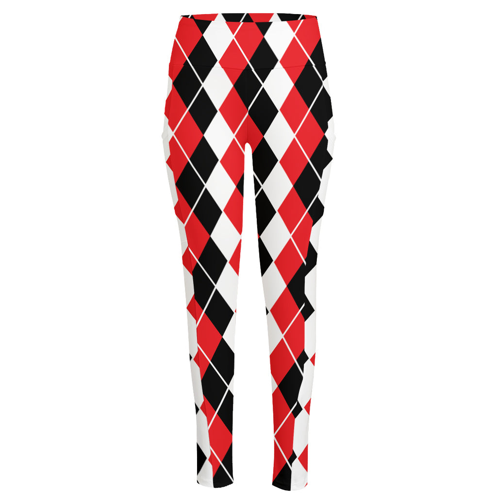 Red Black And White Argyle Print High-Waisted Pocket Leggings