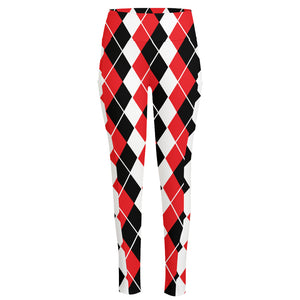 Red Black And White Argyle Print High-Waisted Pocket Leggings