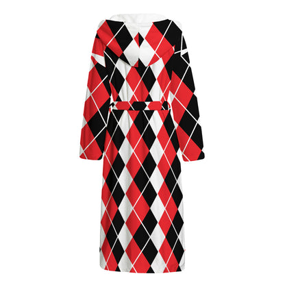 Red Black And White Argyle Print Hooded Bathrobe