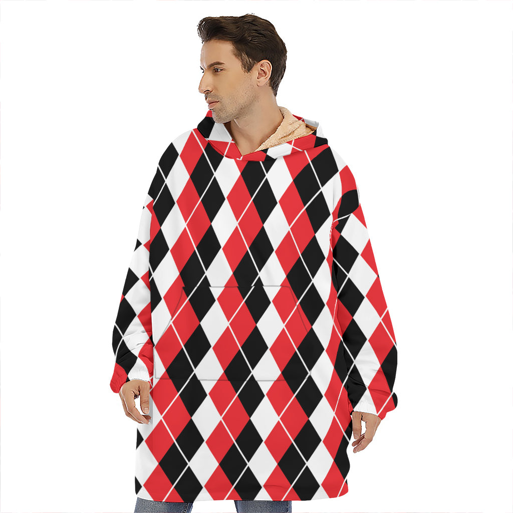 Red Black And White Argyle Print Hoodie Blanket