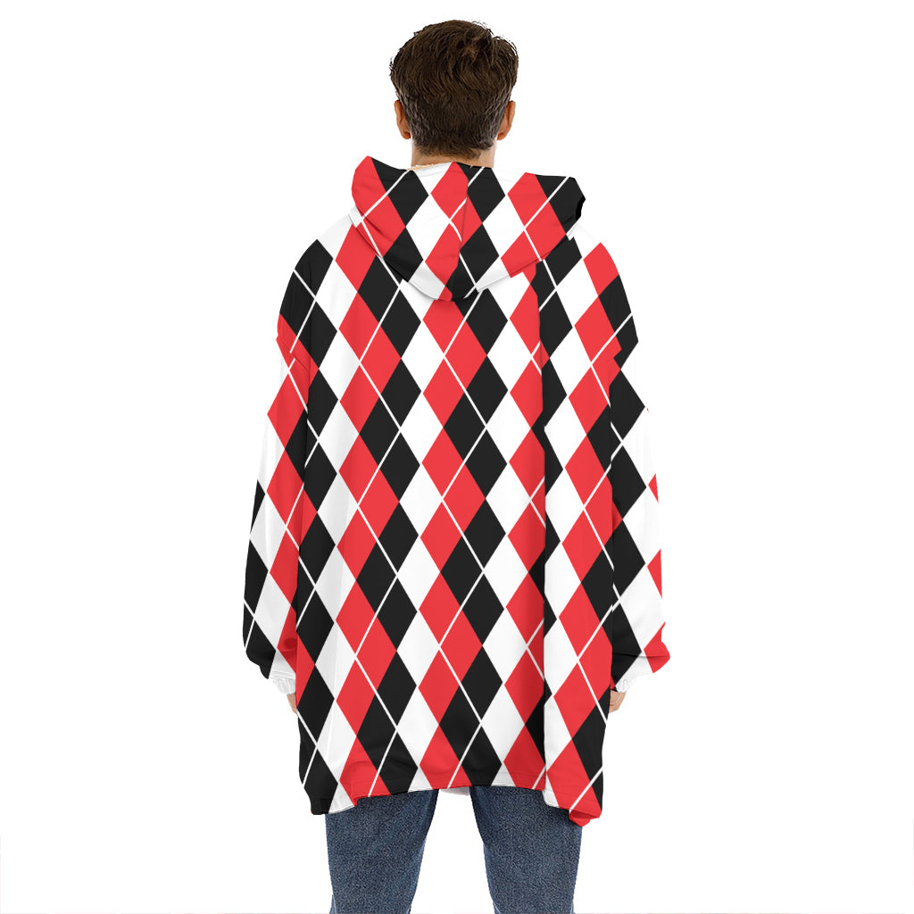 Red Black And White Argyle Print Hoodie Blanket