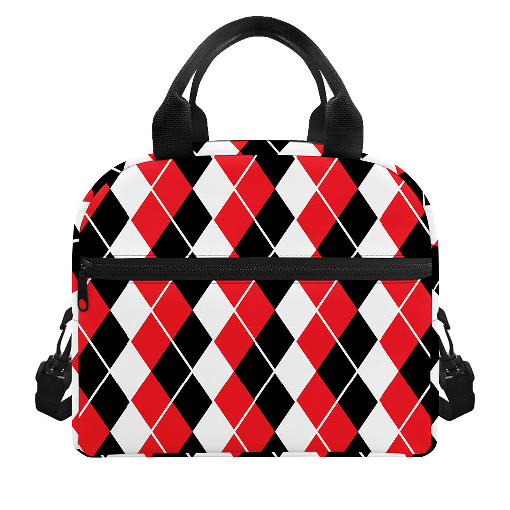 Red Black And White Argyle Print Insulated Lunch Bag