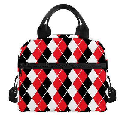 Red Black And White Argyle Print Insulated Lunch Bag