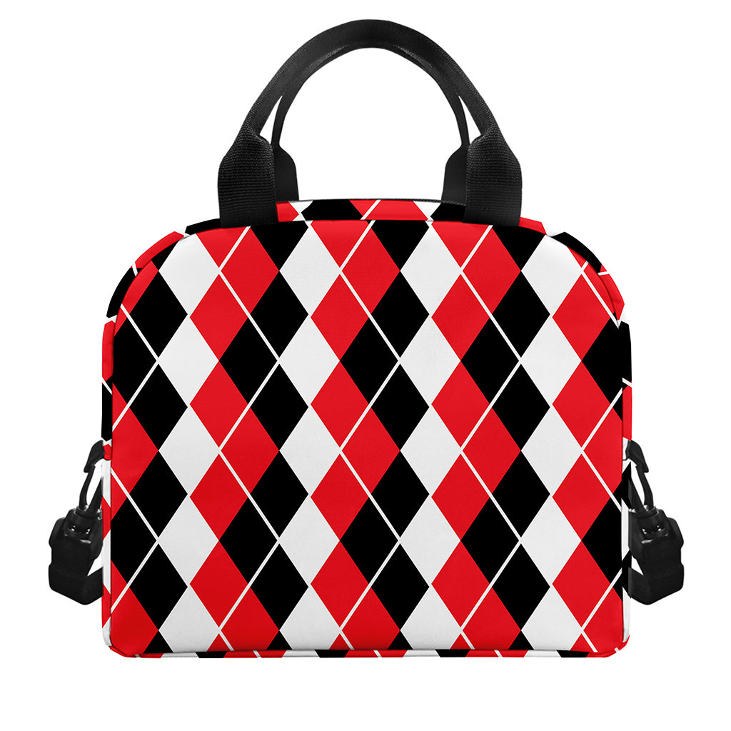 Red Black And White Argyle Print Insulated Lunch Bag