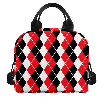 Red Black And White Argyle Print Insulated Lunch Bag
