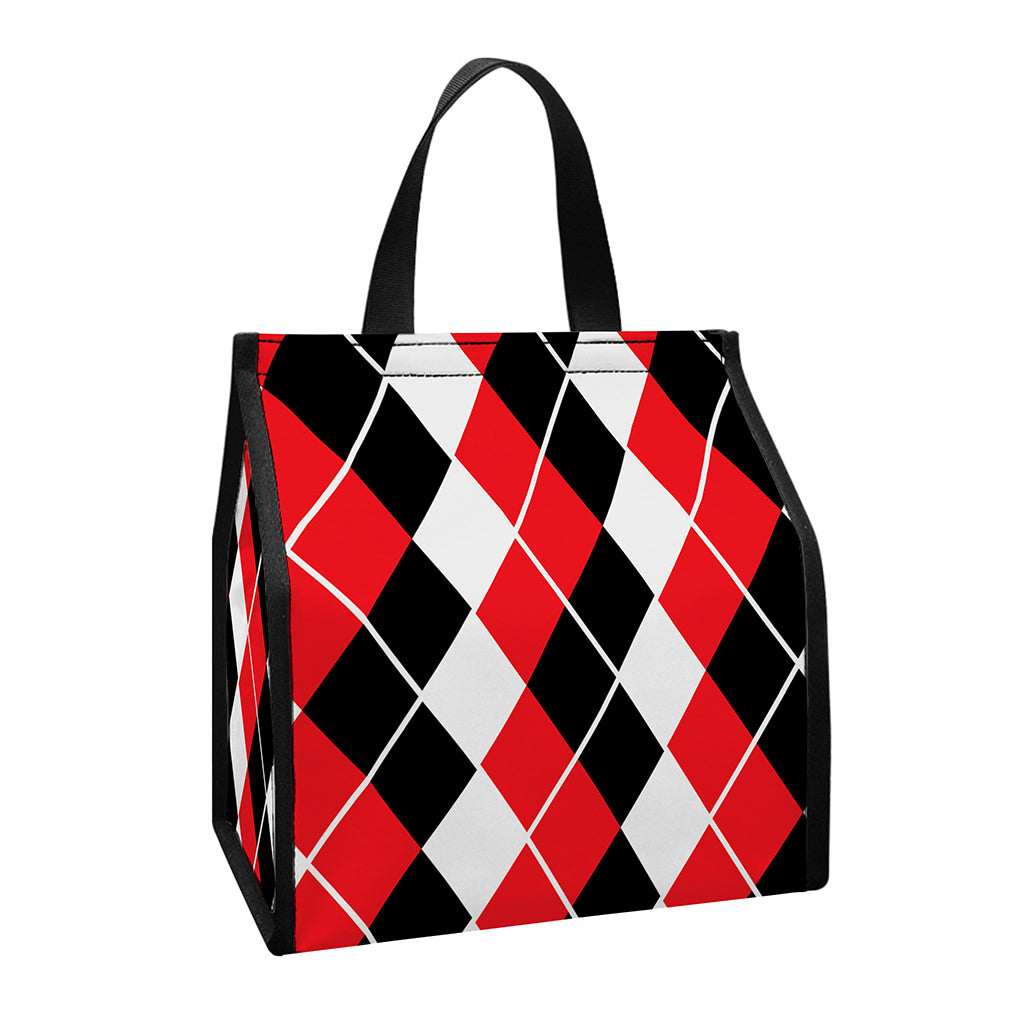 Red Black And White Argyle Print Insulated Lunch Tote