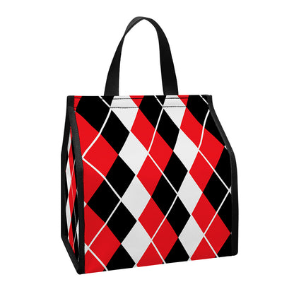 Red Black And White Argyle Print Insulated Lunch Tote