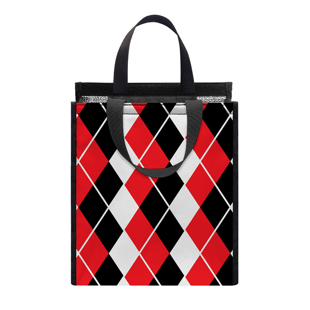 Red Black And White Argyle Print Insulated Lunch Tote