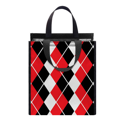 Red Black And White Argyle Print Insulated Lunch Tote