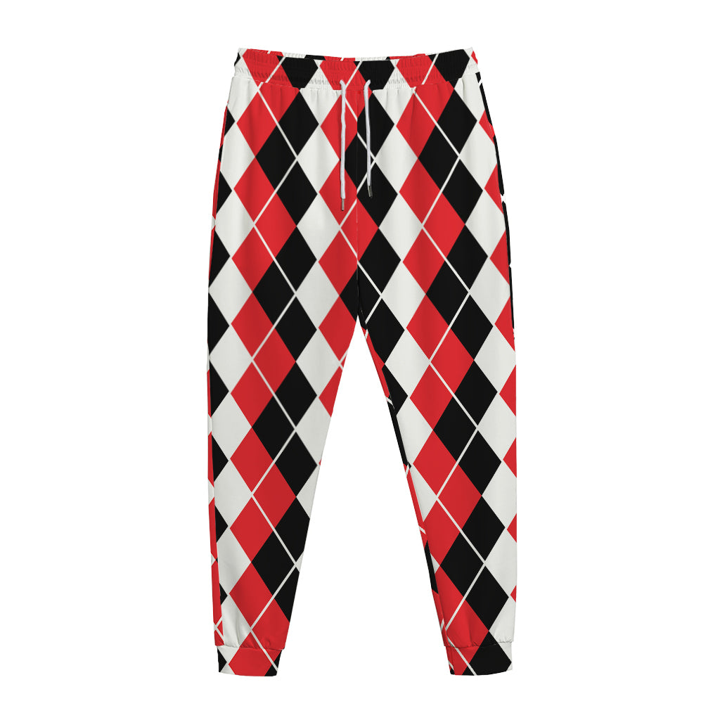Red Black And White Argyle Print Jogger Pants