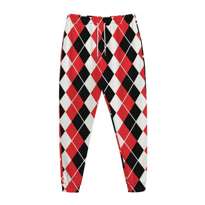 Red Black And White Argyle Print Jogger Pants