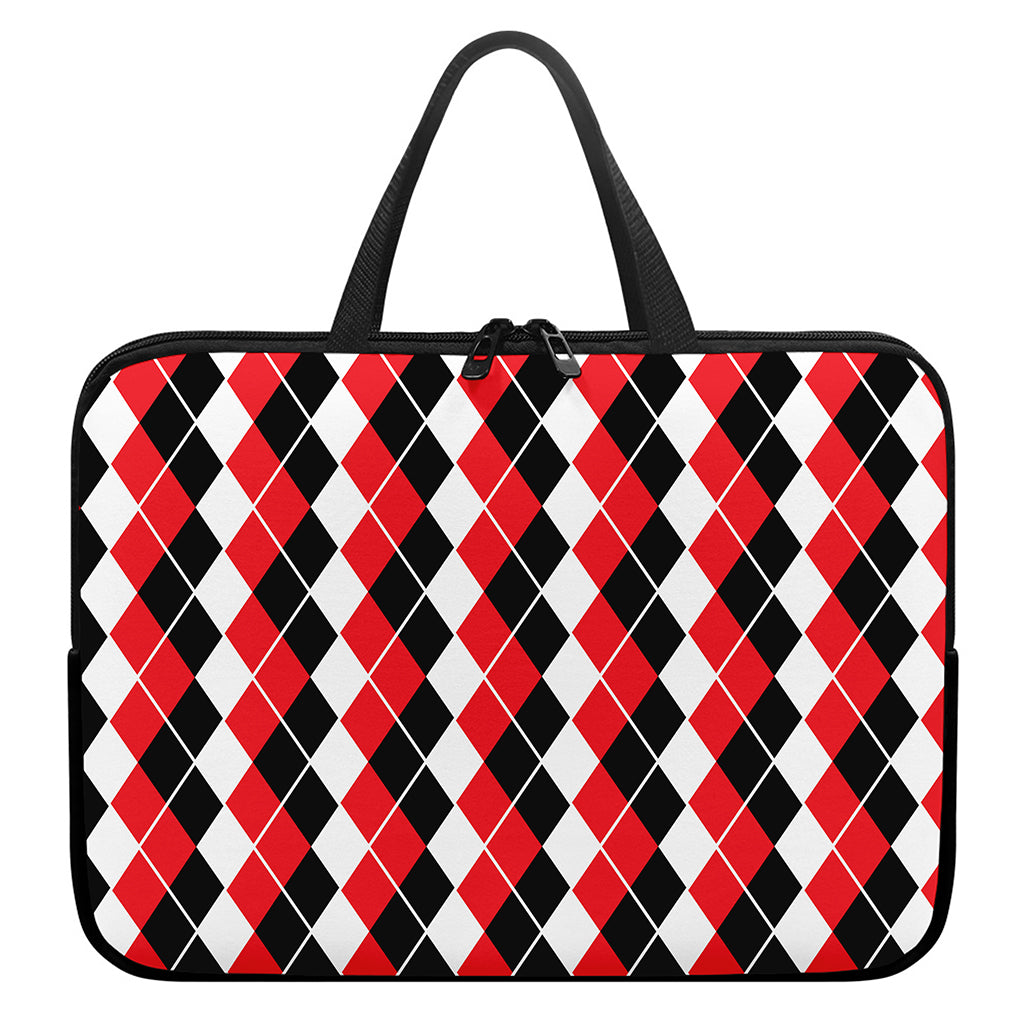 Red Black And White Argyle Print Laptop Sleeve With Handle