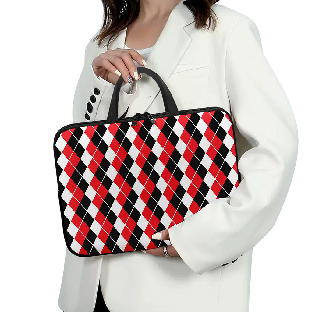 Red Black And White Argyle Print Laptop Sleeve With Handle