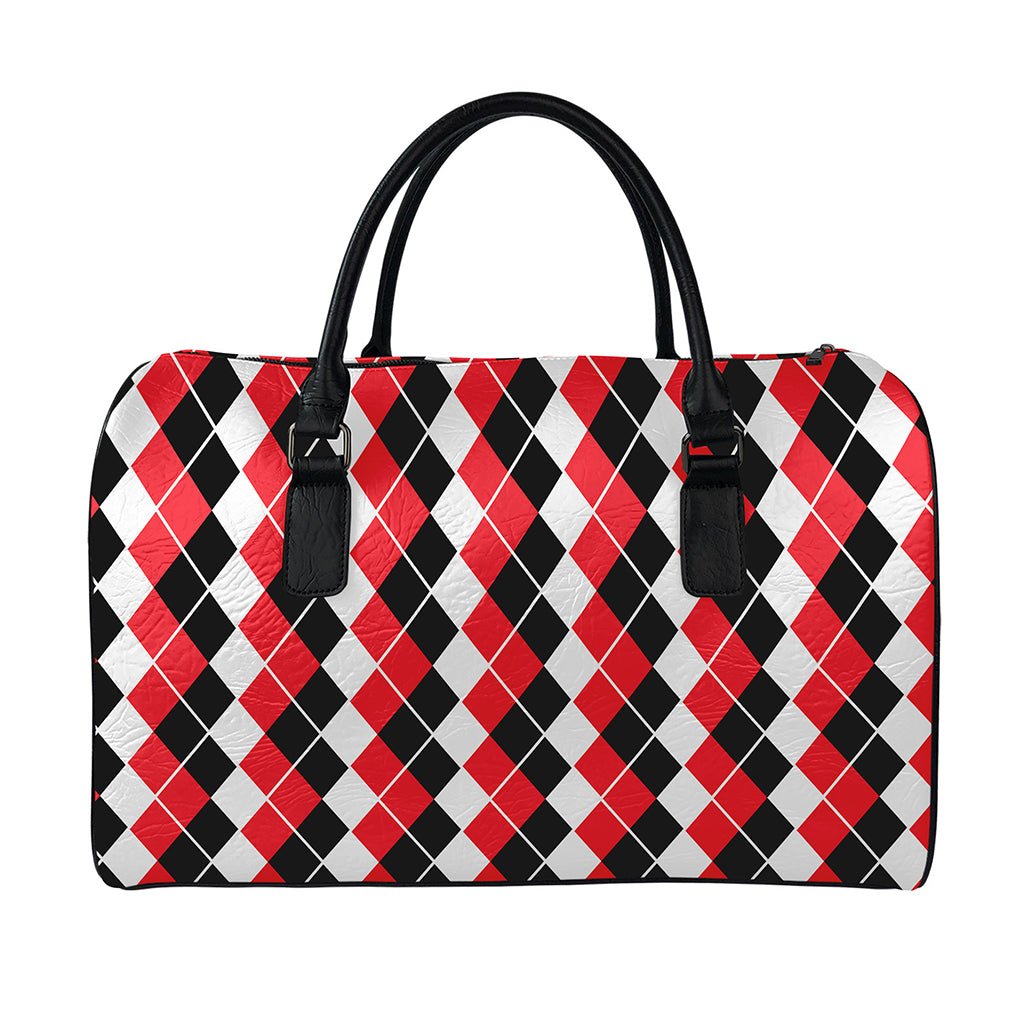 Red Black And White Argyle Print Leather Duffle Bag