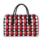 Red Black And White Argyle Print Leather Duffle Bag