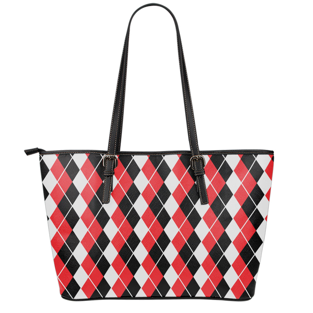 Red Black And White Argyle Print Leather Tote Bag