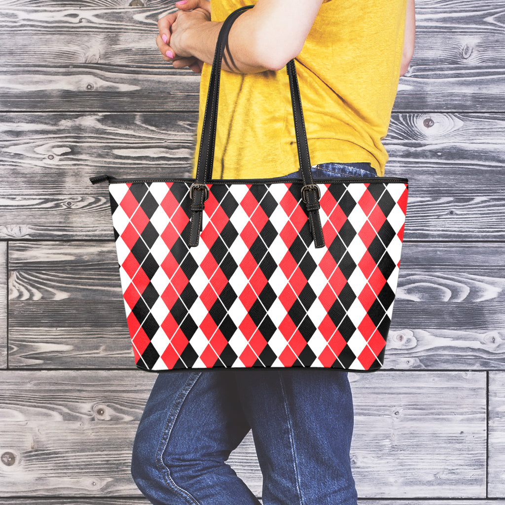 Red Black And White Argyle Print Leather Tote Bag