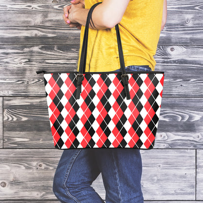 Red Black And White Argyle Print Leather Tote Bag