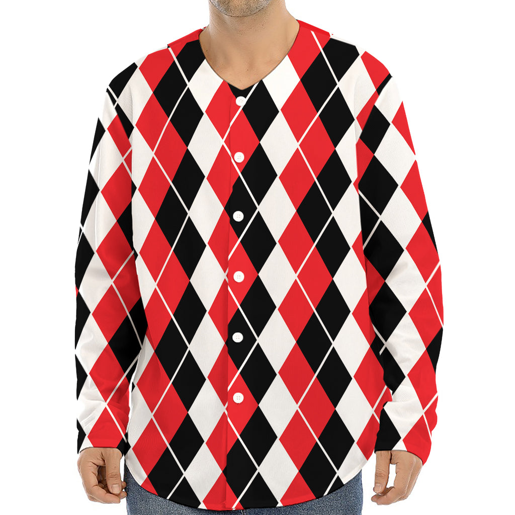 Red Black And White Argyle Print Long Sleeve Baseball Jersey