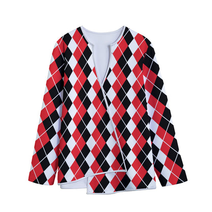 Red Black And White Argyle Print Long Sleeve Short Coat