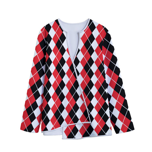 Red Black And White Argyle Print Long Sleeve Short Coat